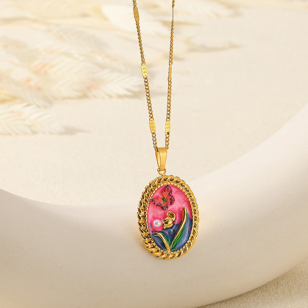 Oil Painting Stainless Steel Oil-spot Glaze Flowers Necklace