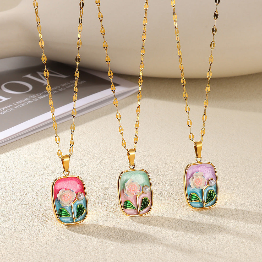 Oil Painting Stainless Steel Oil-spot Glaze Flowers Necklace