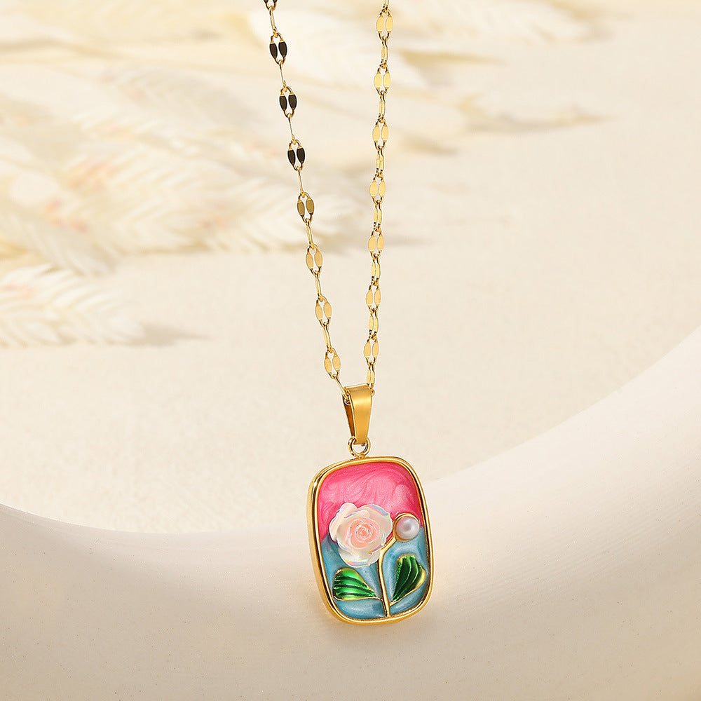Oil Painting Stainless Steel Oil-spot Glaze Flowers Necklace