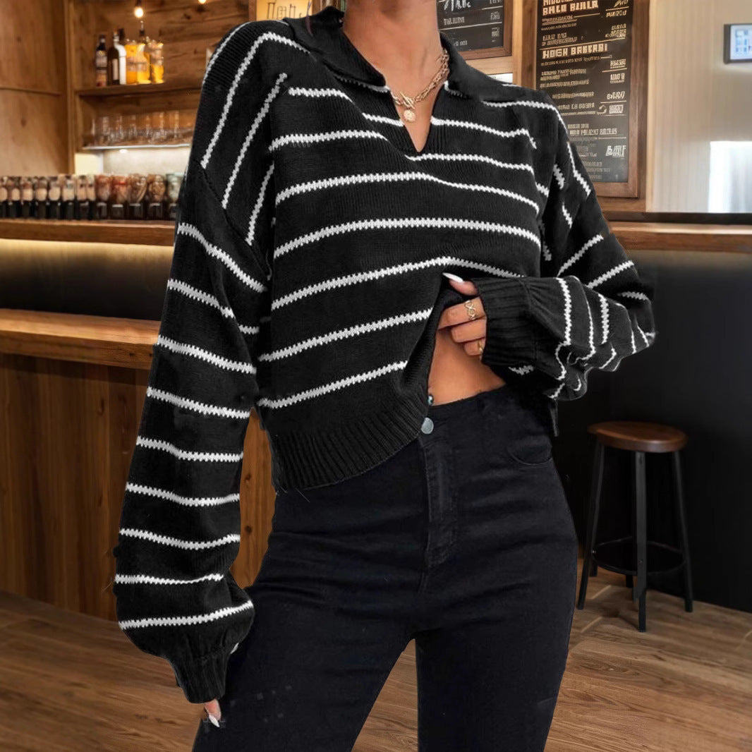 Pull ample élégant à rayures et col polo