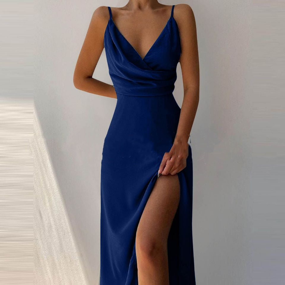 Robe d'été à décolleté en V avec fente, robe sexy et slim à bretelles pour femmes