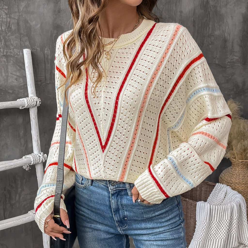 Pull ajouré à rayures en V