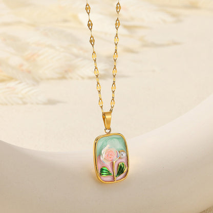 Oil Painting Stainless Steel Oil-spot Glaze Flowers Necklace