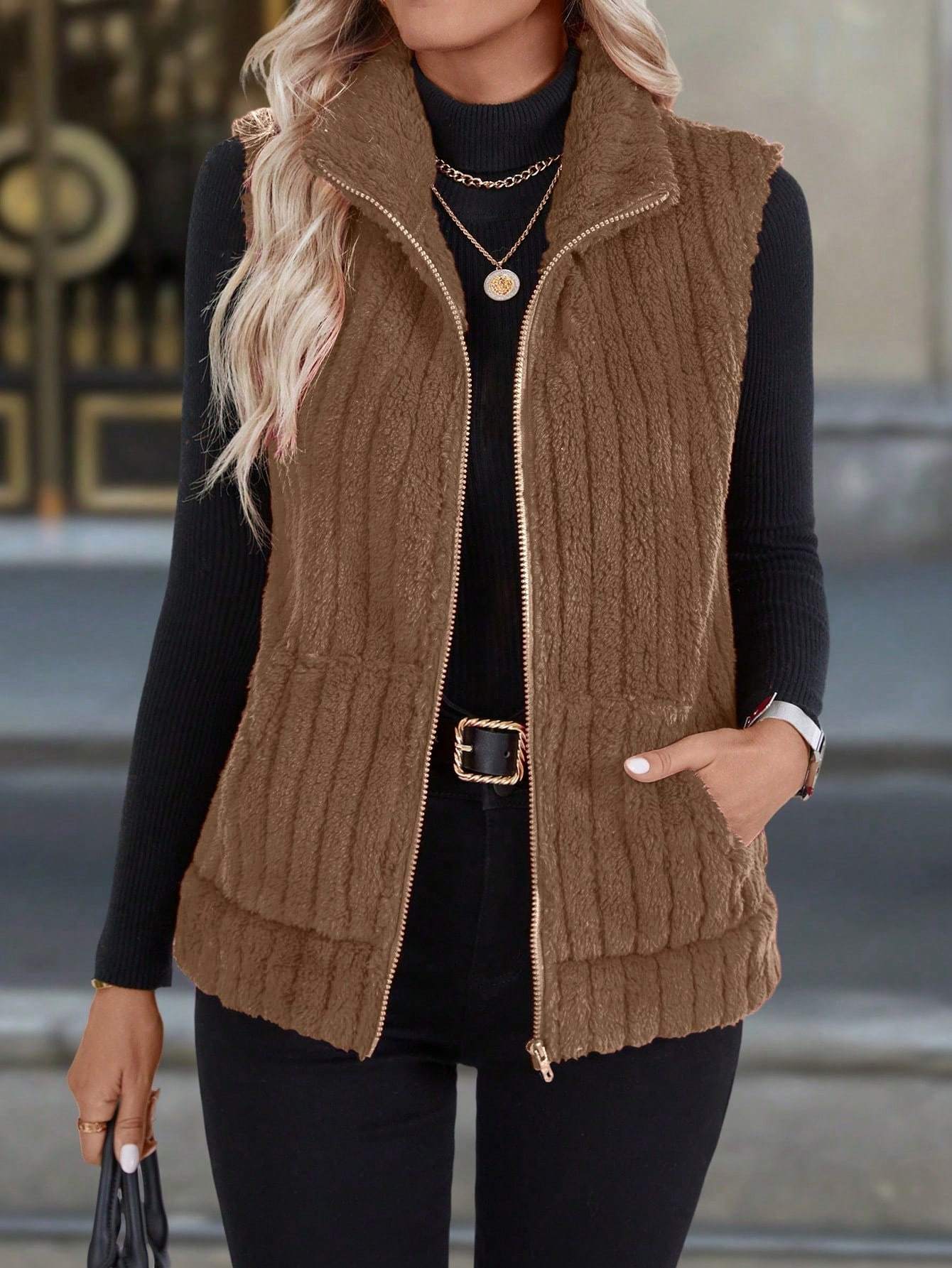 Veste sans manches décontractée à col montant