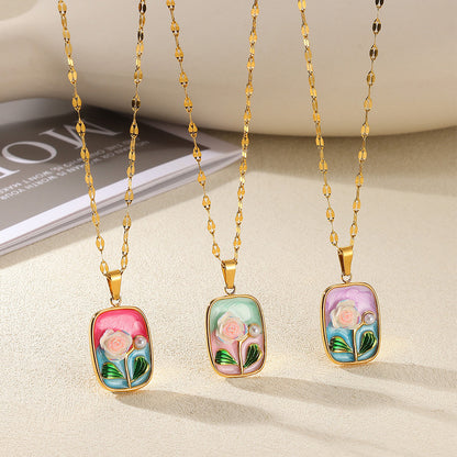 Oil Painting Stainless Steel Oil-spot Glaze Flowers Necklace