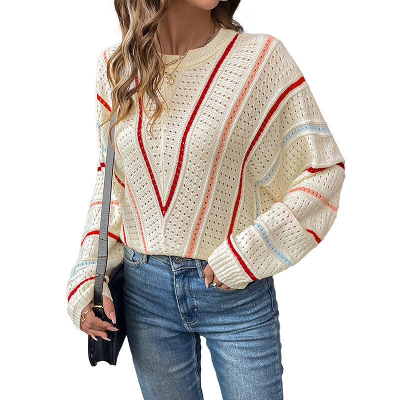 Pull ajouré à rayures en V