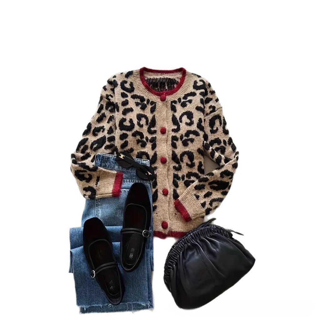 Cardigan rétro à imprimé léopard