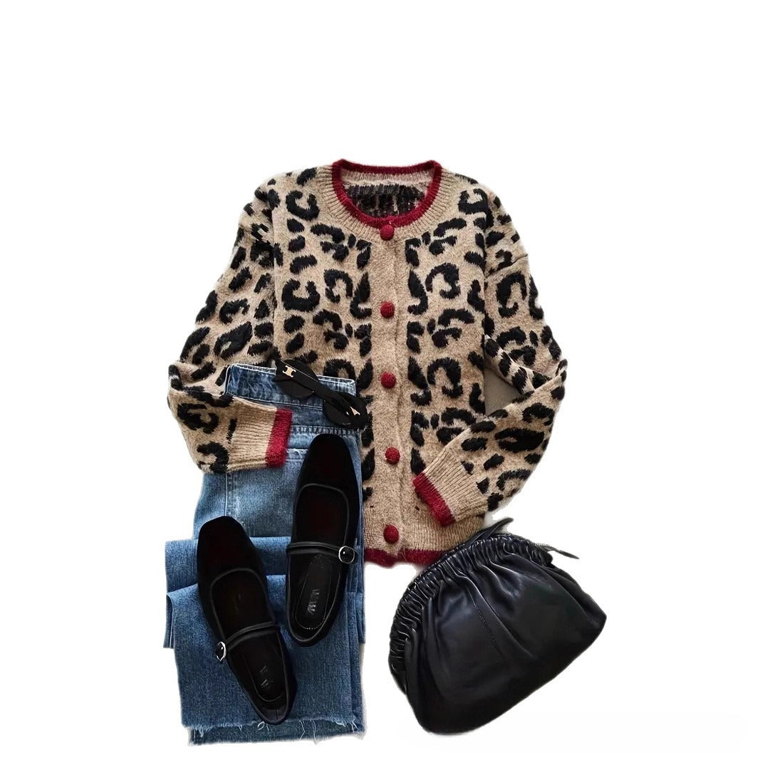Cardigan rétro à imprimé léopard