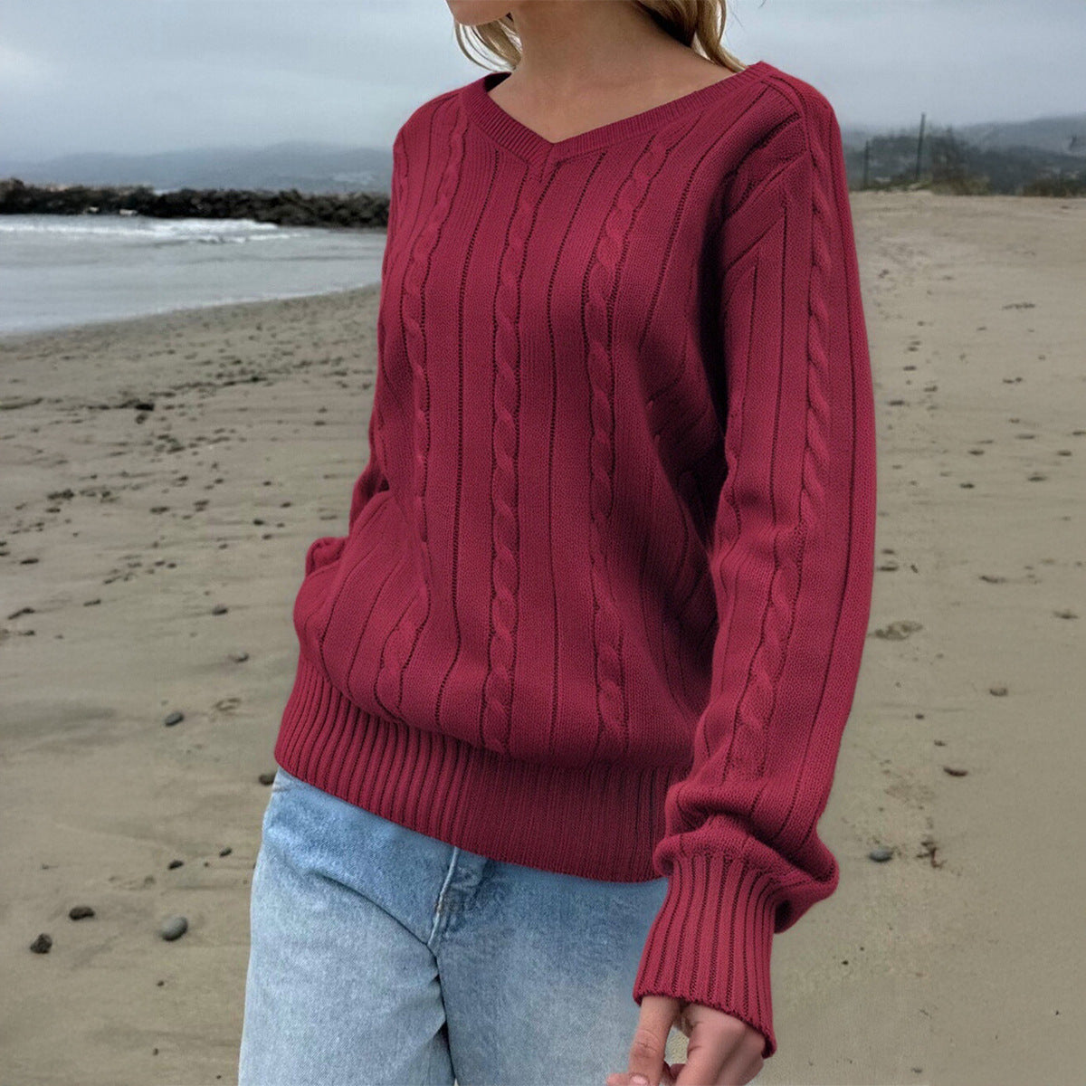 Pull décontracté en laine de couleur unie