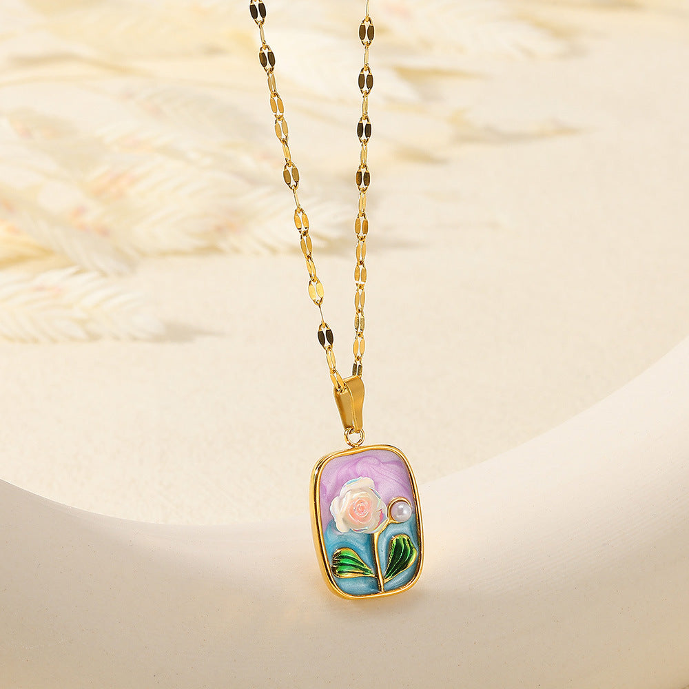 Oil Painting Stainless Steel Oil-spot Glaze Flowers Necklace