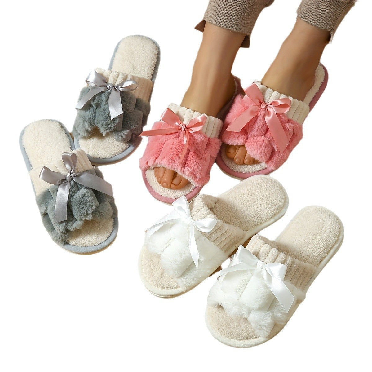 chaussons d'intérieur en peluche avec nœud