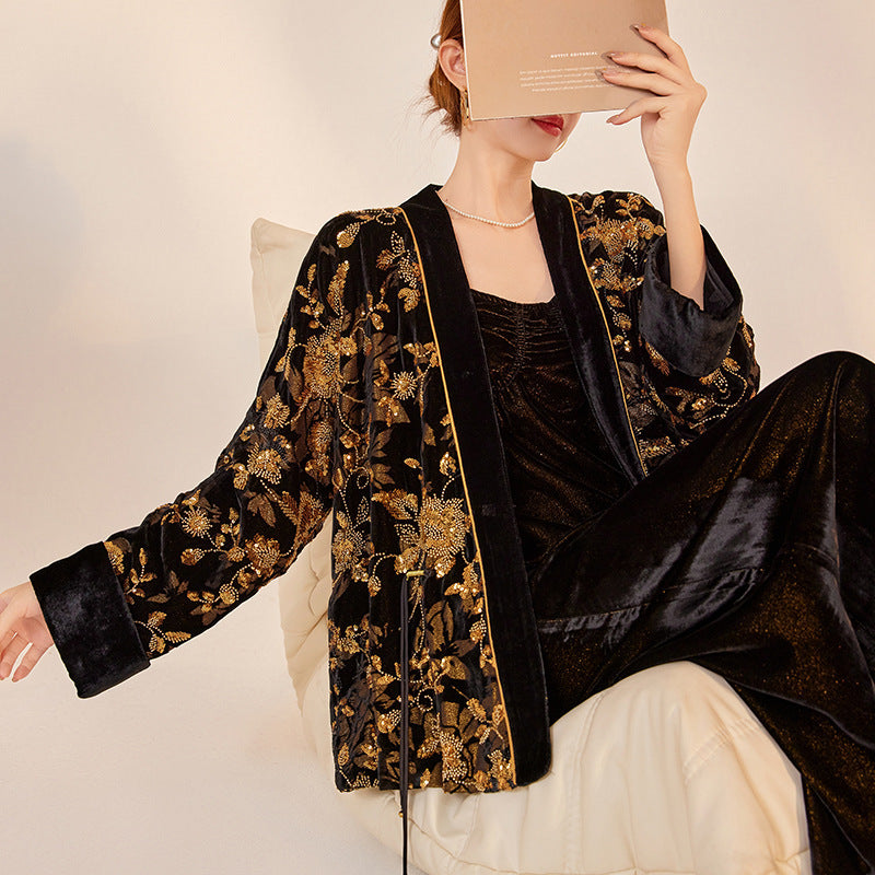 Heavy Industry Burnt Flower Embroidered Beads Cardigan National Style High Class Elegant V-neck Light Luxury Coat