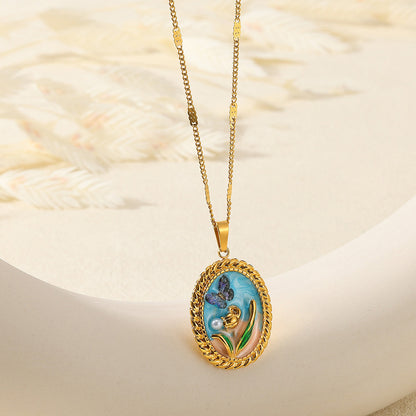 Oil Painting Stainless Steel Oil-spot Glaze Flowers Necklace