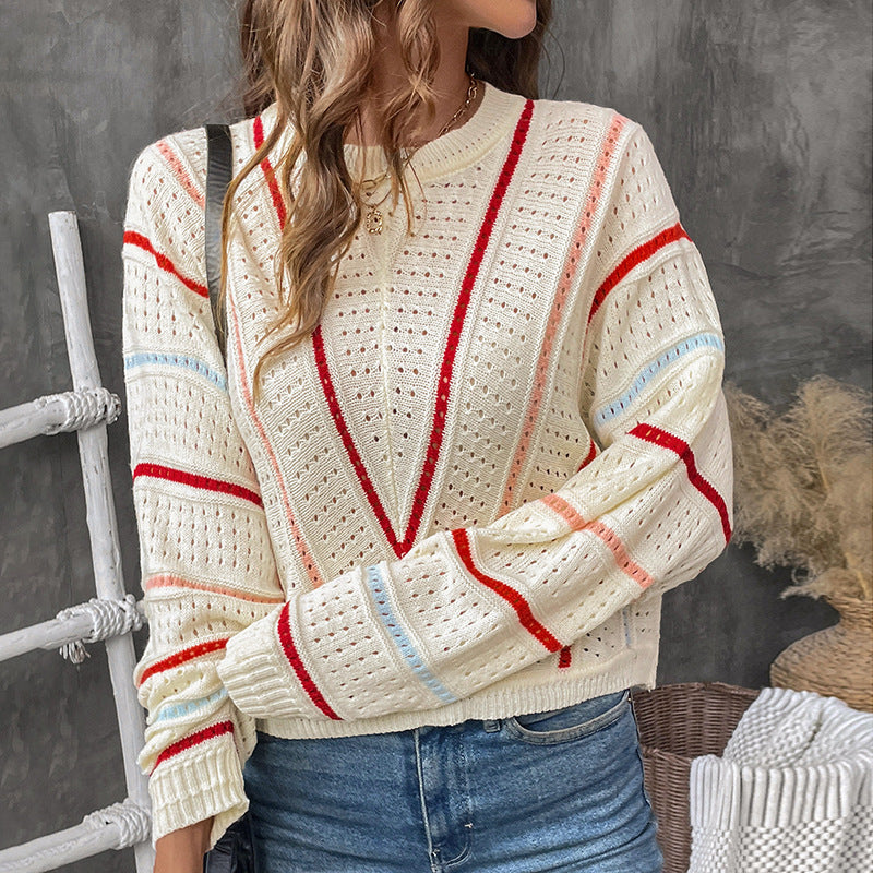 Pull ajouré à rayures en V