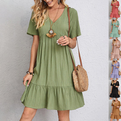 V-neck Short Sleeve Dress Summer Fashion Casual Loose Ruffled Dresses Beach Clothing Women
