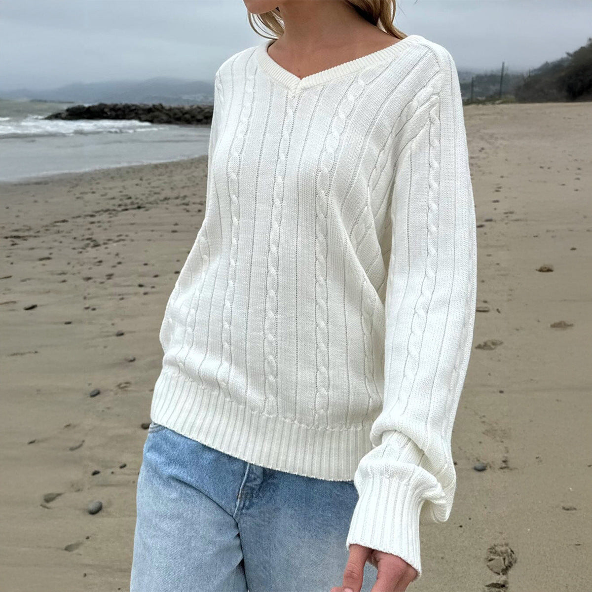 Pull décontracté en laine de couleur unie