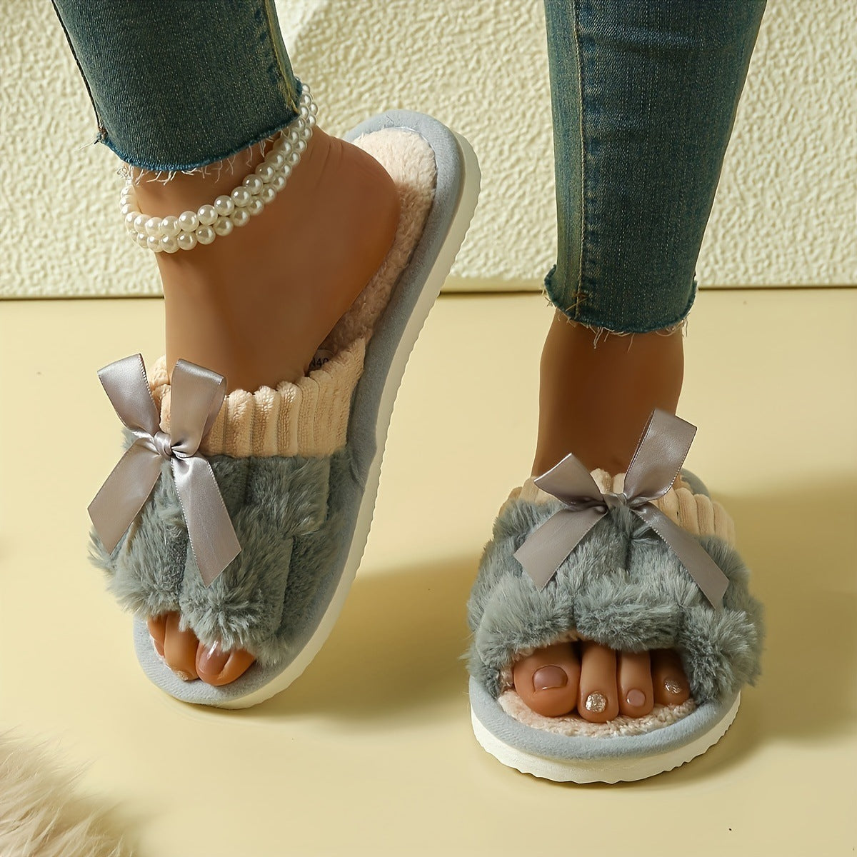 chaussons d'intérieur en peluche avec nœud