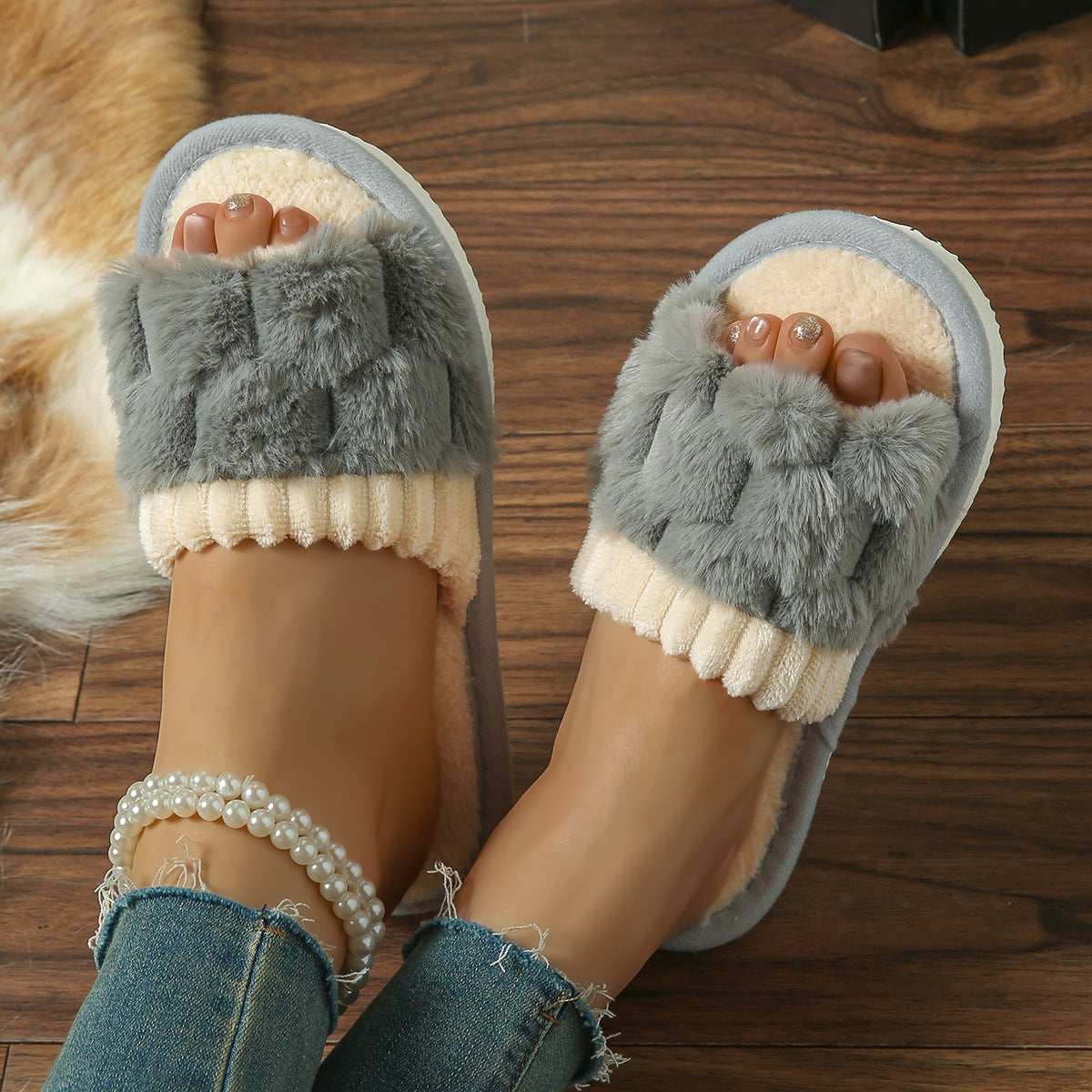 chaussons d'intérieur en peluche avec nœud